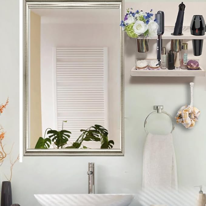 Wall-Mounted Hair Tool Organizer with Heat Resistance - Set of 2 Layer Rustic Blow Dryer Holder (White)