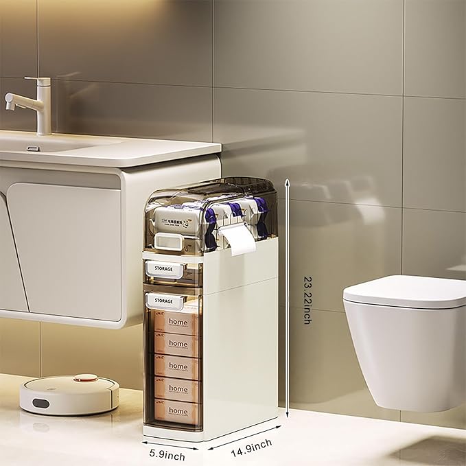 3-Tiers Slim Narrow Bathroom Storage Cabinet with Drawers, Waterproof Skinny Bathroom Storage Floor Cabinet with Tissue Box and Wheels for Small Spaces