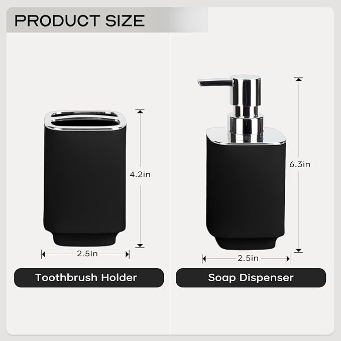 Black Bathroom Accessories 2 Pieces, Soap Dispenser and Toothbrush Holder Set for Boho Bathroom