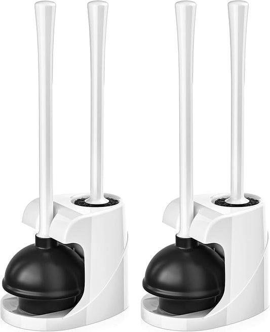 Toilet Plunger and Brush, Bowl Brush and Heavy Duty Toilet Plunger Set with Ventilated Holder, 2-in-1 Bathroom Cleaning Combo with Modern Caddy Stand for 5.7-inch Toilet Drain(White, 2 Set)