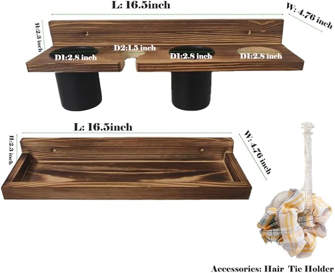 Hair Tool Organizer Wall Mount Holder, 2 Layer Rustic Blow Dryer Holder, Hair Product Wooden Storage Shelf for Hair Dryer, Curling Iron, Hot Tools, Vanity Accessories, Makeup, Toiletries(Dark Brown)