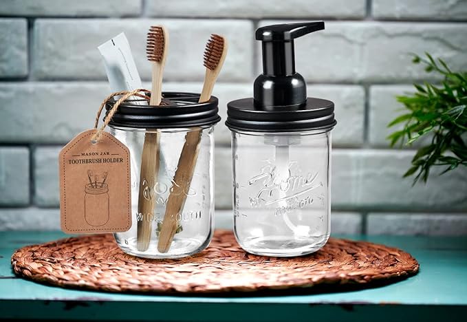 SheeChung Mason Jar Toothbrush Holders, Bathroom Accessories, Bathroom Essentials, Bathroom Organizers and Storage, Bathroom Countertop Organizer, Glass Toothbrush Holders for Bathroom-Black