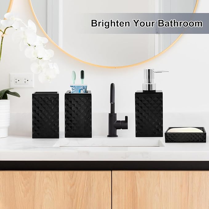 Bathroom Accessories Set, 4 Pcs Black Bathroom Decor Bathroom Sets Accessories, Diamond Soap Dispenser, Bathroom Tumbler, Soap Dish and Toothbrush Holder Set, Boho Bathroom Decor, Black