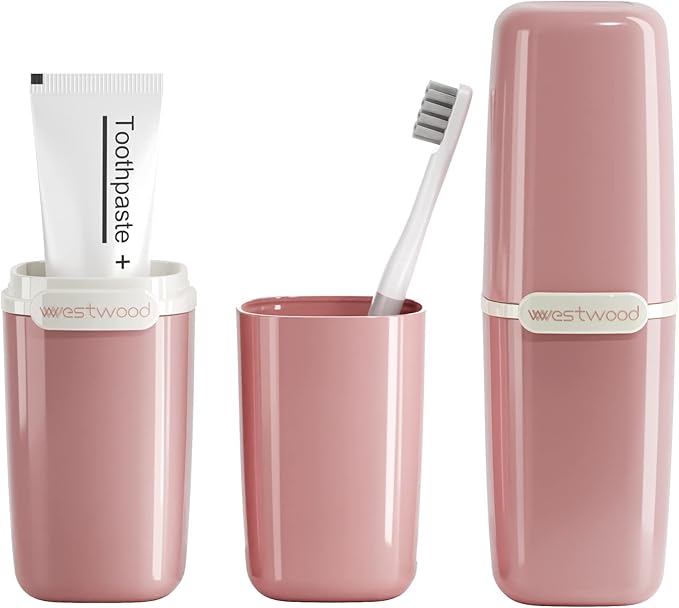 HyJeryty Simple Pink Toothbrush Travel Case, Portable Travel Toothbrush & Toothpaste Holder Cover Organizer Container with Mouthwash Cup for School, Camping, Business Trip, Bathroom Storage