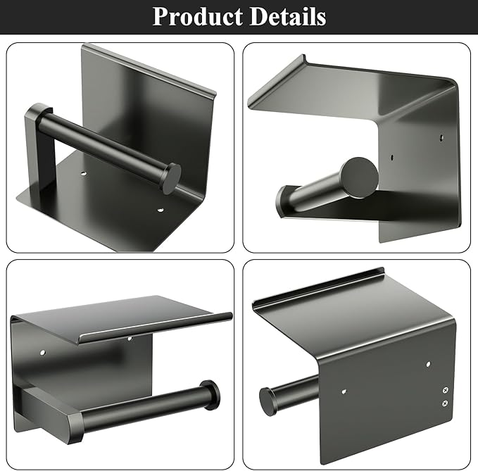 Tindbea Toilet Paper Holder with Phone Shelf + Towel Robe Hooks, Adhesive or Screw Wall Mounted Toilet Paper Roll Storage, Stainless Steel Bathroom Tissue Roll Holder (Polished Grey)