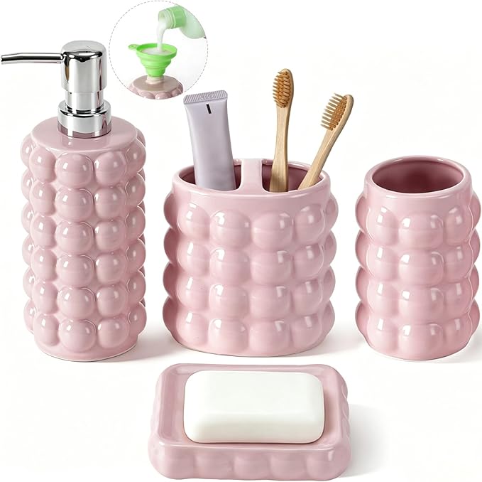 4 Piece Ceramic Bathroom Accessories Set –Soap Dispenser,Toothbrush Holder,Tumbler & Soap Dish,Includes Silicone Funnel,Non-Slip,Modern Farmhouse Countertop Organizer Set for Bathroom Decor, Pink
