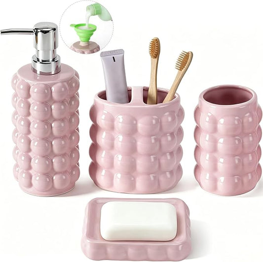 4 Piece Ceramic Bathroom Accessories Set –Soap Dispenser,Toothbrush Holder,Tumbler & Soap Dish,Includes Silicone Funnel,Non-Slip,Modern Farmhouse Countertop Organizer Set for Bathroom Decor, Pink