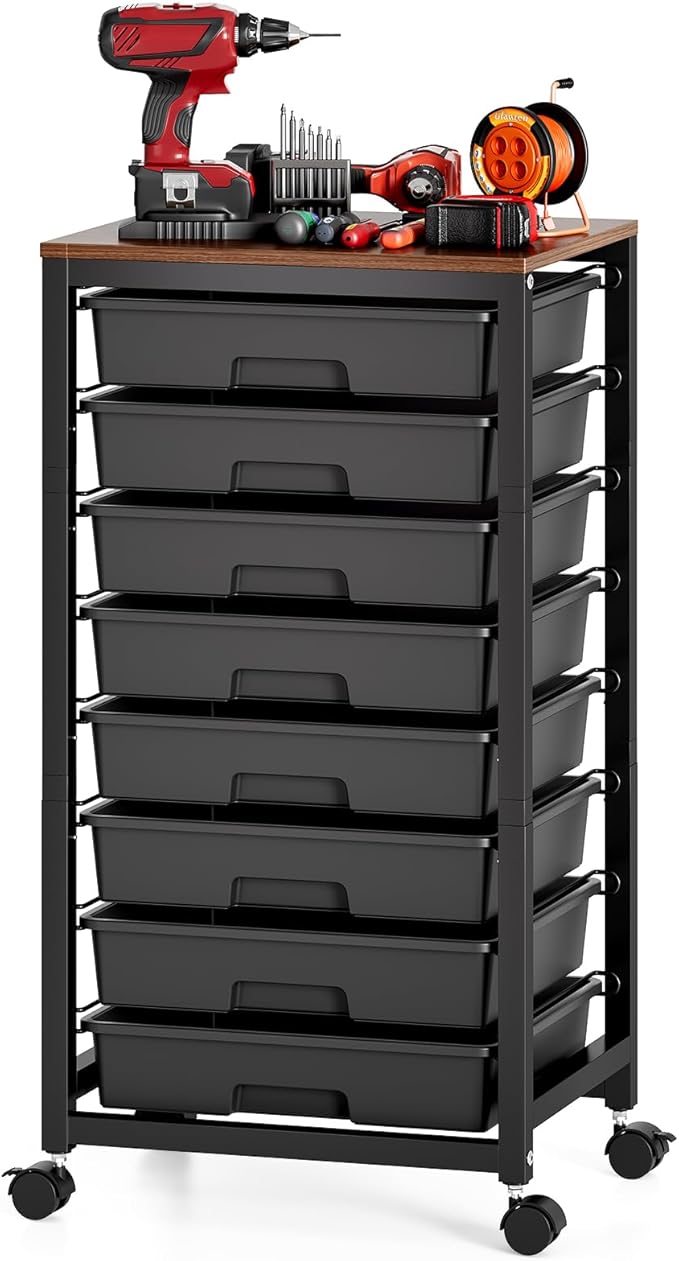 SYKIARIOL Rolling Storage Cart with Drawers,Utility Cart With 8 Drawers and Wooden Tabletop,Rolling Drawer Cart,Storage Drawer Cart for Living Room,Classroom,Bedroom,Bathroom,Dorm,Office, Black