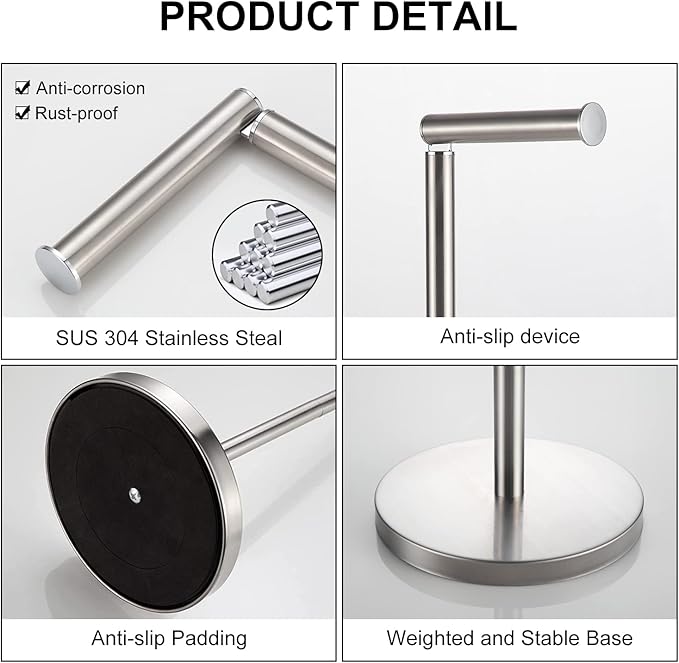 BGL Toilet Paper Holder Standing On Floor, Brushed Nickel, Tissue Holder On Floor with Reserve Storage Paper Rolls, Free-Standing Roll Paper Holder