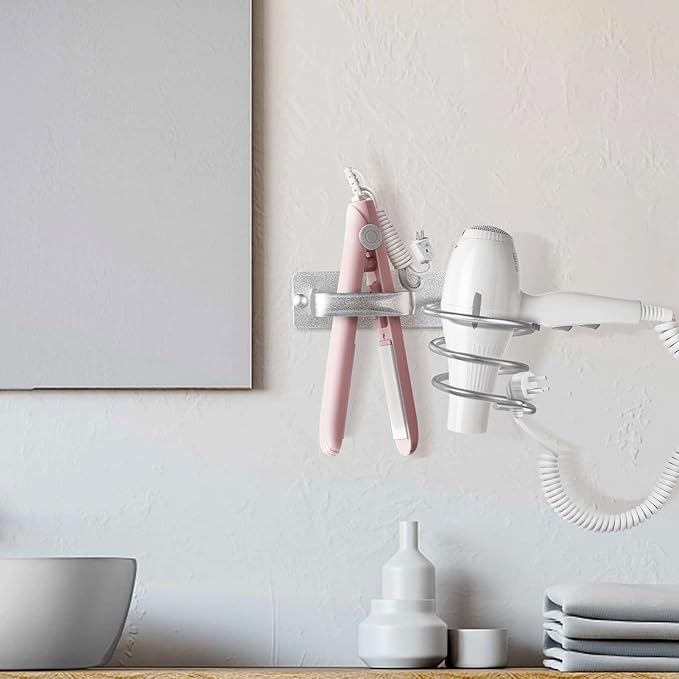 YUET Hair Dryer Holder Hairdryer Station Wall Mounted Shelf Bracket Straightener Stand Hanger Organizer Blow Storage with Cable Tidy Rack for Dressing Table Bathroom Aluminum Professional, Silver