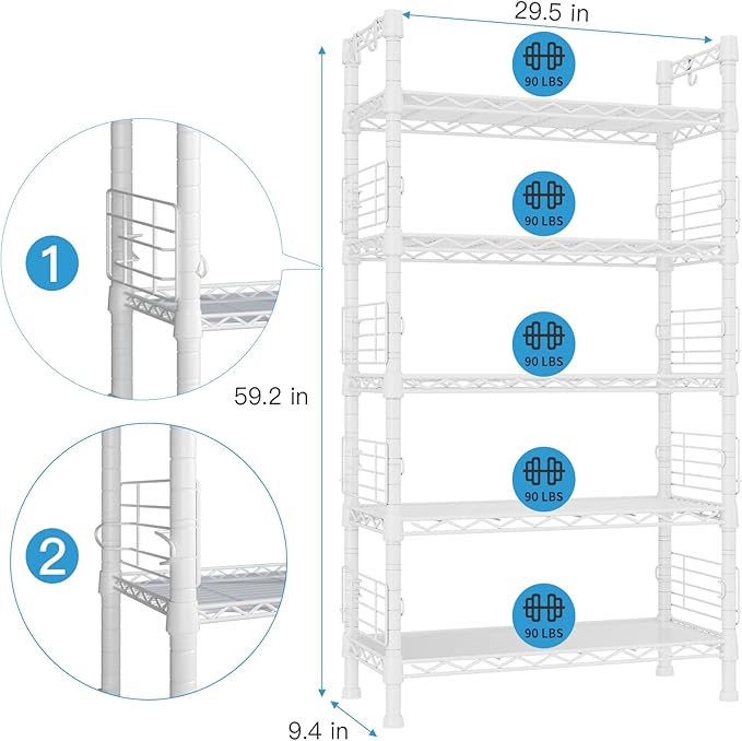 FUTASSI Large Metal Storage Rack, Storage Organizer Shelves for Kitchen, Bathroom, Living Room, Balcony and Garage, 5 Tiers Narrow Bookshelf, 29.5" W x 9.4" D x 59.2" H, Load 480lbs, White