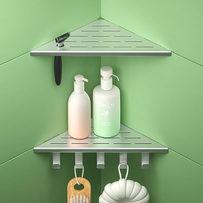 10'' Corner Shower Shelf, 304 Stainless Steel Shelves for Bathroom, Grout in Shelf with Hooks for Tiled Wall (Brushed)