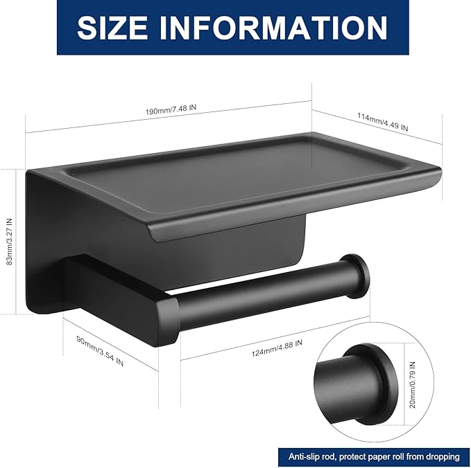 NearMoon Toilet Paper Holder with Shelf, Heavy Duty Bath Toilet Roll Holder with Phone Shelf Tissue Hanger for Bathroom/Kitchen No Drill or Wall Mounted(304 Stainless Steel, Matte Black)