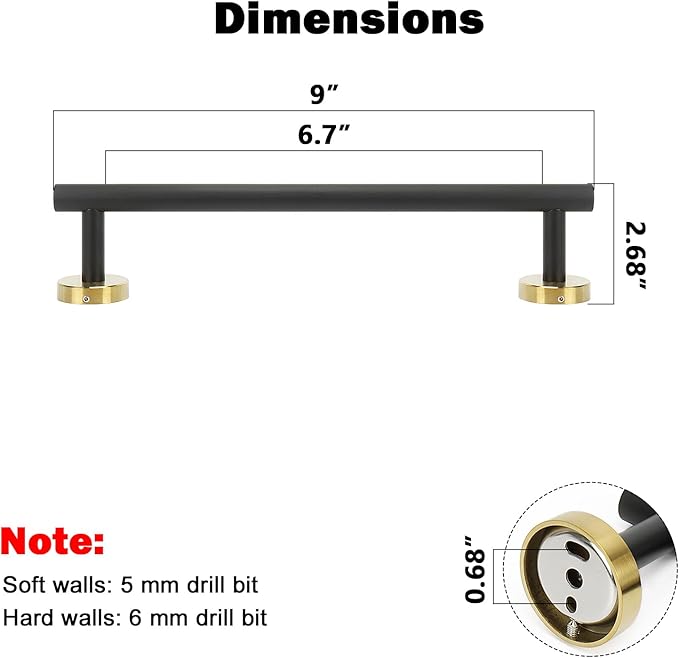 NearMoon Bath Towel Bar, Thicken Stainless Steel Shower Towel Rack Holder Wall Mounted for Bathroom, 9-lnch Overall Length-7-lnch Usable Hanging Space (1 Pack, Matte Black & Gold)