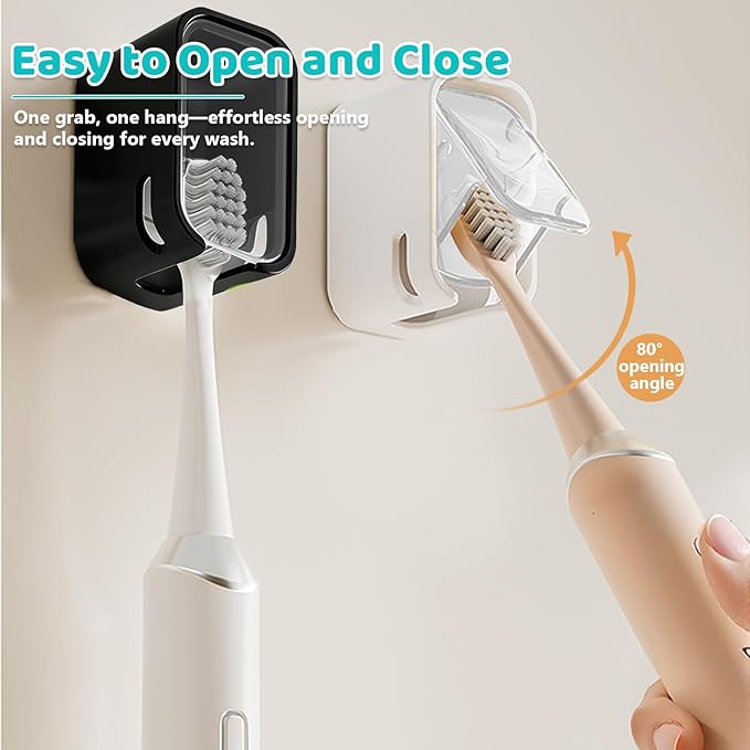 2 Pack Toothbrush Holders for Bathroom, Self Adhesive Wall Mounted Toothbrush Holder with Cover, Single Toothbrush Dispenser Storage Organizer for Family, Travel, Waterproof and Dustproof (Black)