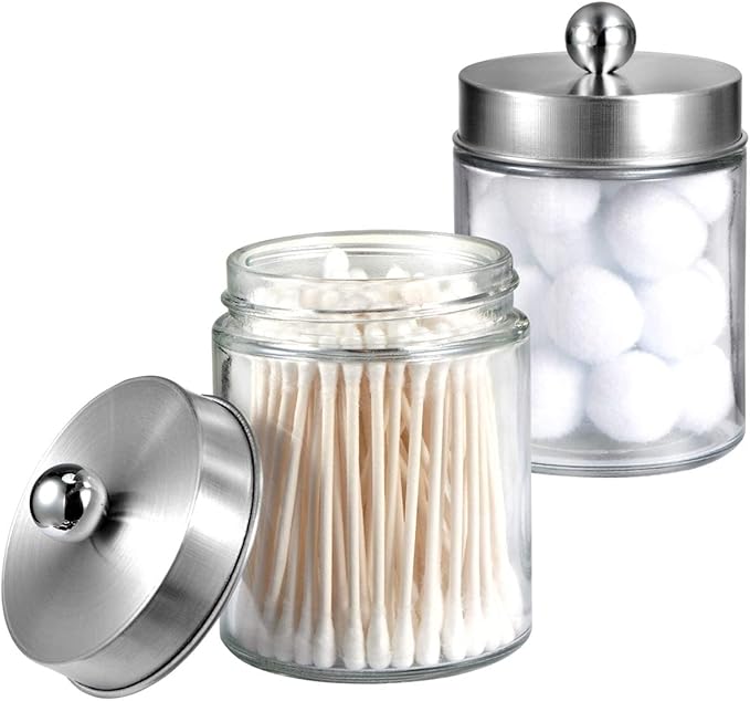 Amolliar 4Pc Apothecary Jars Bathroom Vanity Storage Organizer Set -Countertop Canister with Stainless Steel Lids &Stickers - Qtip Dispenser Holder for Qtip,Cotton Swab,Makeup Sponge (Brushed Nickel)