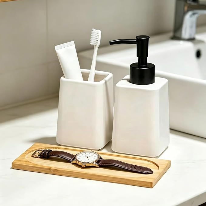 White Bathroom Accessories Set 2Pieces,Ceramic Soap Dispenser and Toothbrush Holder,Modern Decor Bath Set with Toothbrush Cup
