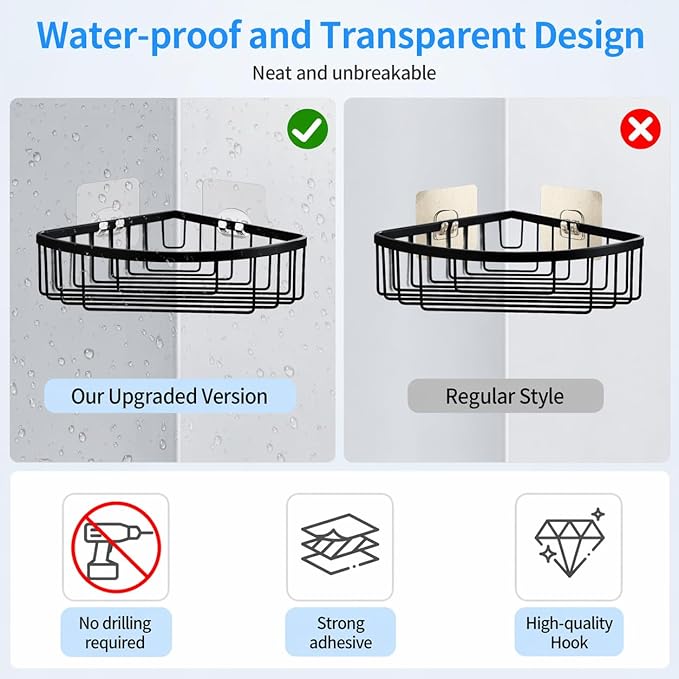 16 Pack Shower Caddy Adhesive Replacement Hooks, Waterproof No Drill Sticky Strips, Clear Transparent 3 Sizes for Shower Shelf, Soap Holder, Bathroom Organizer Basket and Kitchen Rack