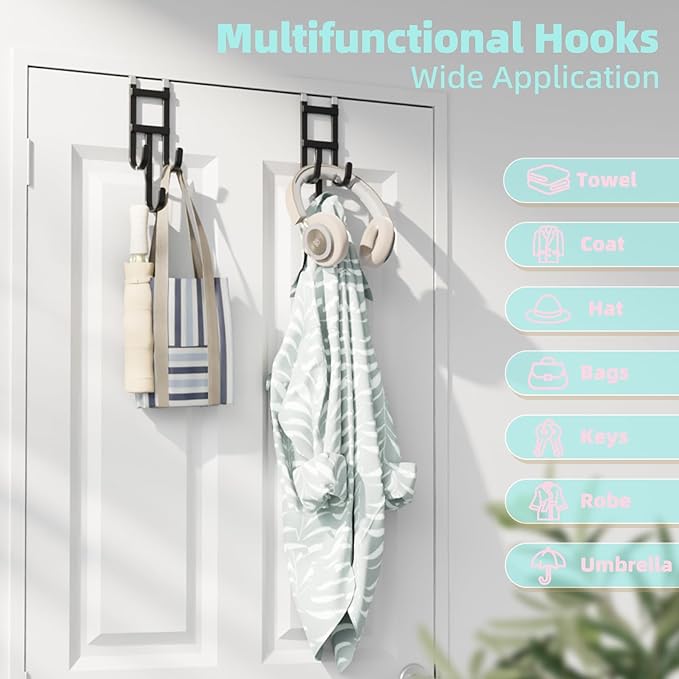Over The Door Hooks - 2 Pack Heavy Duty Triple-Hook Organizer Hanger with Rubber for Towels, Clothes, Hats & Bags Use in Bathroom, Bedroom, Kitchen - Fits Interior Doors (Black, Shape A)