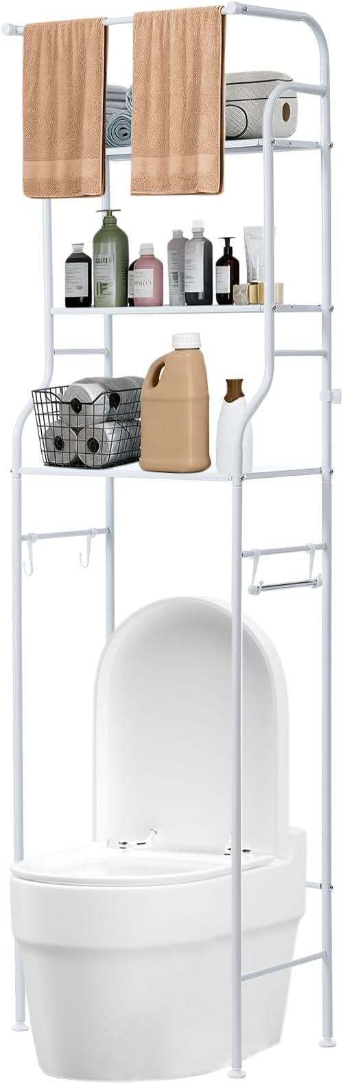 3-Tier Over The Toilet Rack,Bathroom Shelf Space Saver,Corner Stand Storage Organizer Accessories,The Over The Toilet Storage,with Hanging Rod,Tower Shelf,White(White-cgksj, one Size)