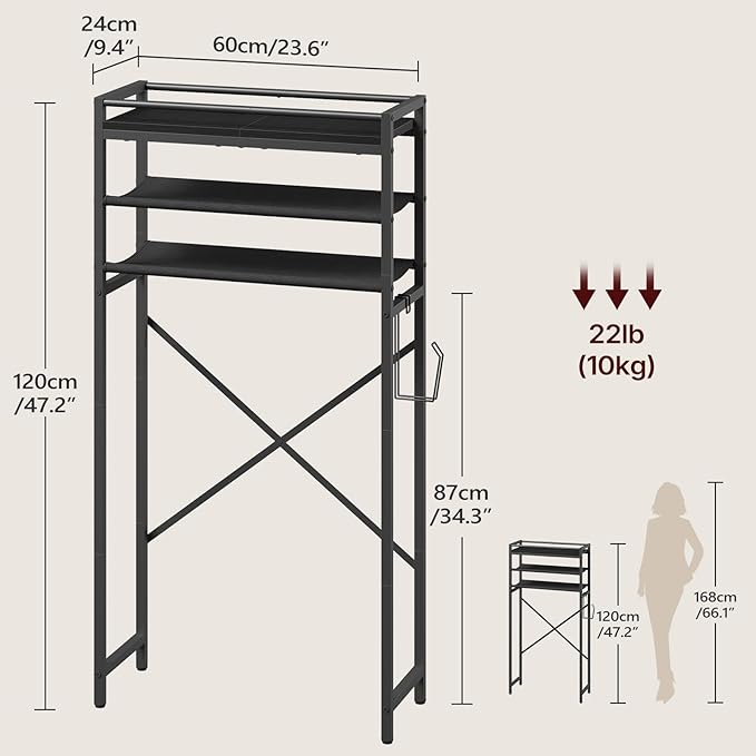 MAHANCRIS Over The Toilet Storage, 3-Tier Over Toilet Bathroom Organizer with Paper Holder, Freestanding Bathroom Shelves Above Toilet for Balcony Laundry Room, Space Saving, Black TSBK1201