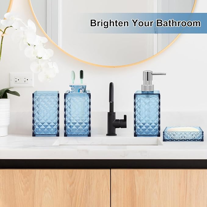 Bathroom Accessories Set, 4 Pcs Bathroom Decor Bathroom Sets Accessories, Diamond Soap Dispenser, Bathroom Tumbler, Soap Dish and Toothbrush Holder Set, Boho Bathroom Decor Blue