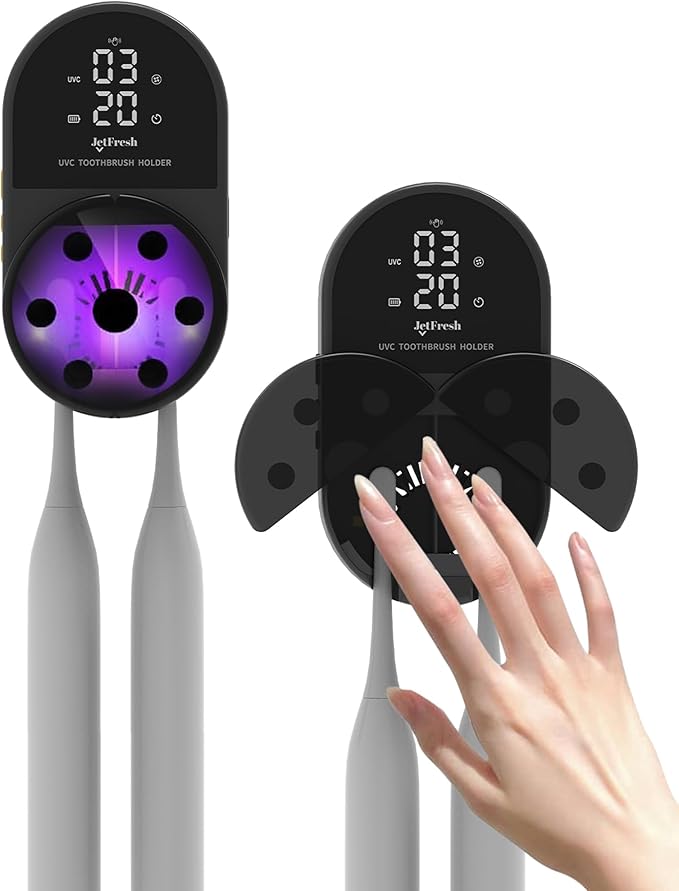 UV Toothbrush Sanitizer Holder | Wall Mounted UV-C Toothbrush Cleaner | Tooth Brush Sanitizer Holder Auto Shut-Off, USB Rechargeable, Fits All Brushes, Bathroom Organizer