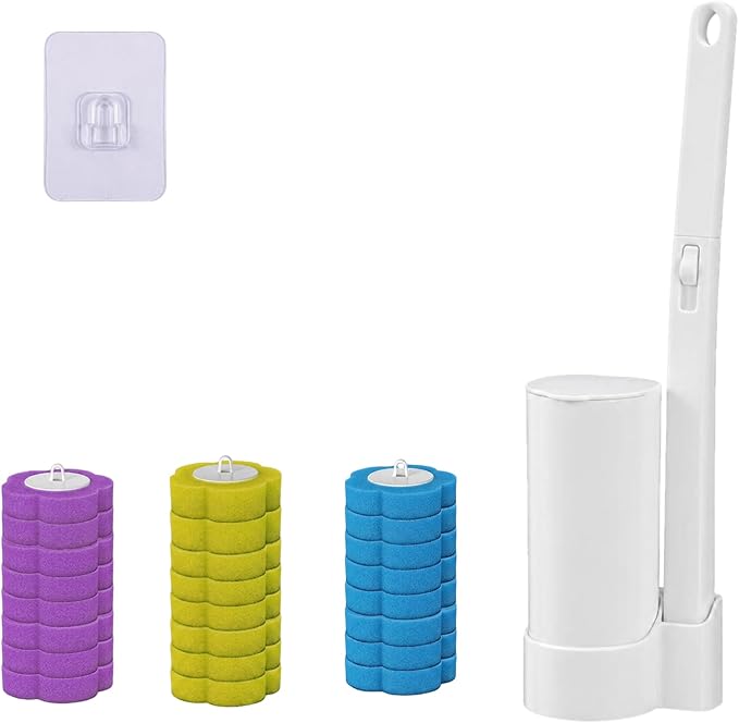 Disposable Toilet Brush with 24 Refills,Toilet Cleaning Supplies,Toilet Wand Brush Starter Kit,Wall Mounted Toilet Bowl Cleaner Brush with Holder for Bathroom Cleaning & Hygiene (White Starter Kit)