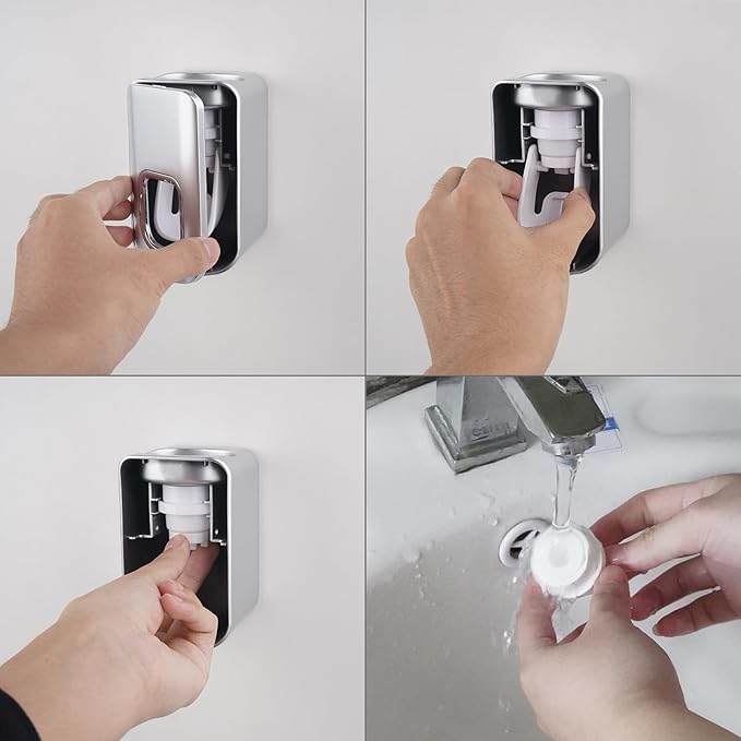 Toothbrush Holder Wall Mounted with Cover for Bathroom, 2 Slots Toothbrush Storage Organizer for Shower, Self Adhesive Toothbrush Hanger with Automatic Toothpaste Squeezer Dispenser