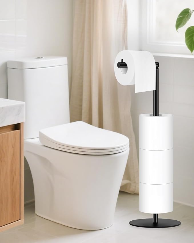 Toilet Paper Holder Stand, Bathroom Toilet Paper Stand with Shelf Hold 4 Paper Rolls, Free Standing Toilet Roll Storage Holder with Reserve, Black, Housen Solutions