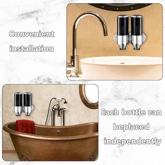 2 Chamber Wall Mounted Bathroom Shower Pump Dispenser and Organizer-Holds Shampoo, Soap, Conditioner, Shower Gel, for Bathroom Kitchen Hotel (Black 2 Chamber)