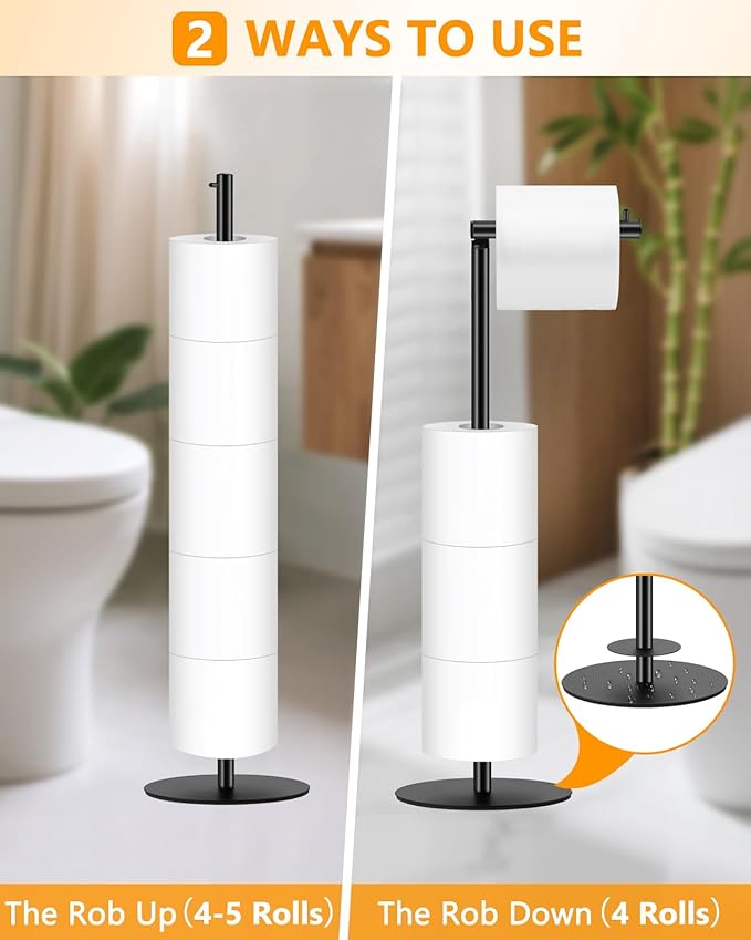 Toilet Paper Holder Stand, Bathroom Toilet Paper Stand with Shelf Hold 4 Paper Rolls, Free Standing Toilet Roll Storage Holder with Reserve, Black, Housen Solutions