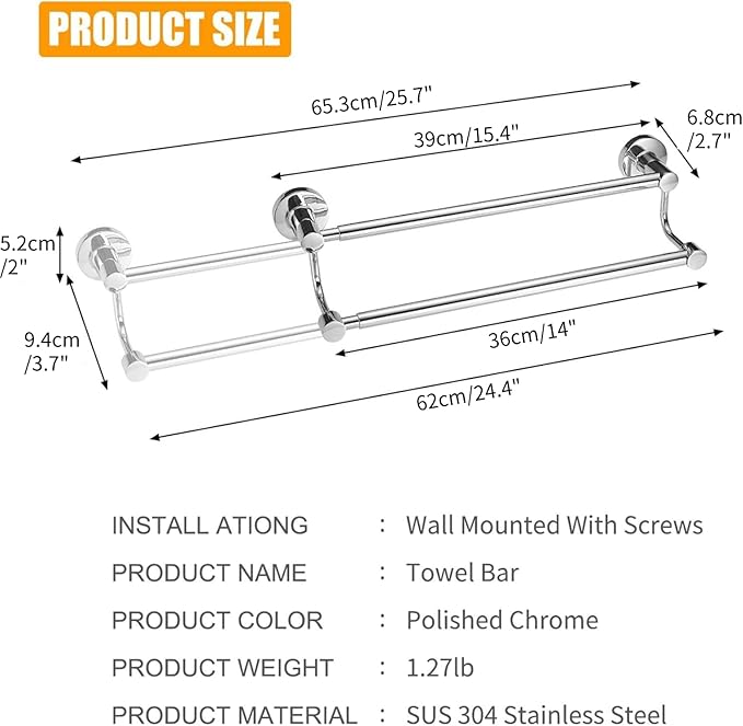 BESy Adjustable 16-26 Inches Double Bath Towel Bar for Bathroom SUS304 Stainless Steel Towel Holder, Hotel Style Wall Mount with Screws Hand Towel Bar Towel Rack Rod Hanger, Polished Chrome Finish
