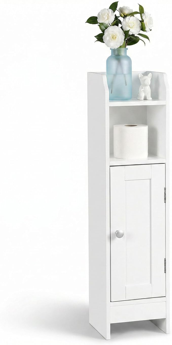 SUPER DEAL Small Bathroom Storage Corner Cabinet, Narrow Floor Bathroom Toilet Paper Storage Organizer with Adjustable Shelves for Small Spaces, White