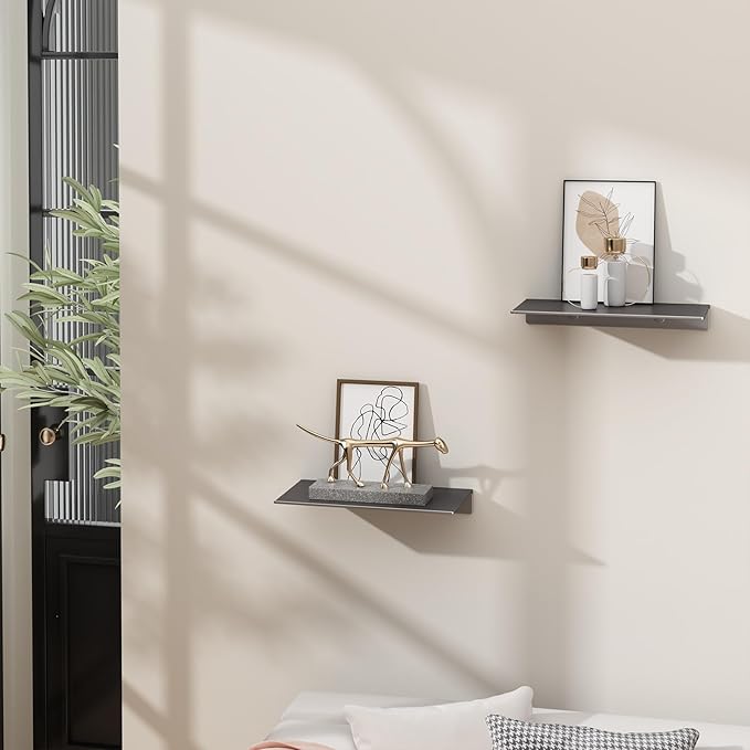 Danpoo 8 inch Gray Small Floating Shelves for Wall Organizer & Storage, Mini Display Shelves, Metal Wall Shelves for Bathroom, Living Room, Kitchen, Bedroom(2-Pack)