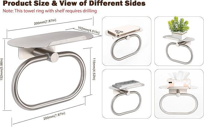 Hand Towel Ring with Shelf, Stainless Steel Hand Towel Holder, Heavy Duty Bath Accessories, Wall Mounted Towel Hanger for Bathroom Kitchen (Brushed Nickel)