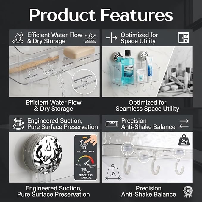 HOME&I Suction Cup Shower Caddy for Bathroom & Shower, Drill-Free Toothpaste, and Razor Organizer, Removable Wall Mount Storage Caddy, Waterproof & Reusable Self-Draining Rack