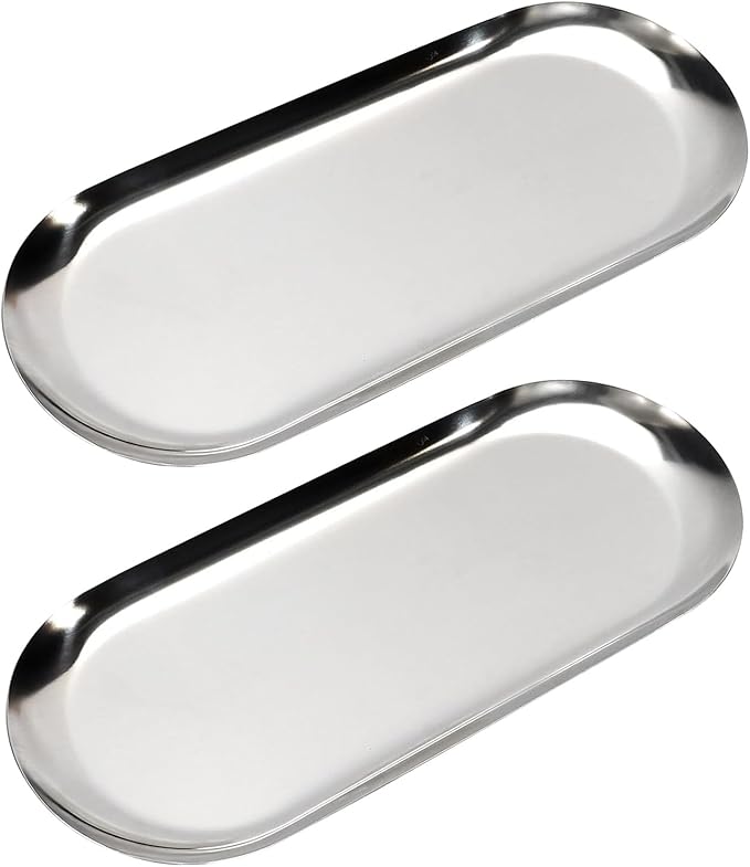 2 Pack Stainless Steel Decorative Tray, 12 Inch Oval Vanity Tray for Jewelry, Small Storage Plate for Cosmetics Organizer Bathroom Key Candle (Silver)