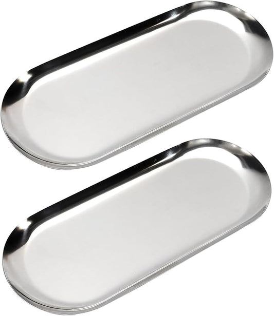 2 Pack Stainless Steel Decorative Tray, 12 Inch Oval Vanity Tray for Jewelry, Small Storage Plate for Cosmetics Organizer Bathroom Key Candle (Silver)