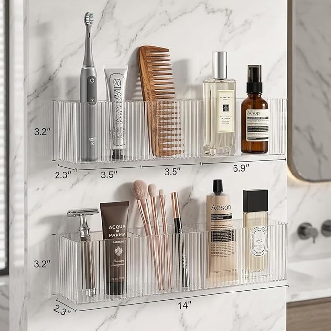 2-Pack Slim Wall Mounted Bathroom Organizer, 2.3" Deep Narrow Mirror Side Vanity Storage Adhesive Shelf, Clear Ribbed Floating Caddy for Toothbrush & Small Items, No-Drill