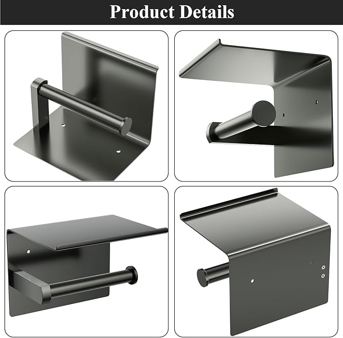 Tindbea Mega Size Toilet Paper Holder with Shelf + Towel Robe Hooks, Adhesive or Screw Wall Mounted Toilet Paper Roll Holder, Stainless Steel Bathroom Hardware Set (Polished Grey)