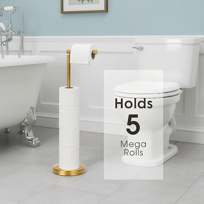Songtec Gold Toilet Paper Holder Stand, Rust-Proof & Heavy Stainless Steel Base, Sturdy Free Standing for 5 Toilet Paper Rolls Max (Gold)