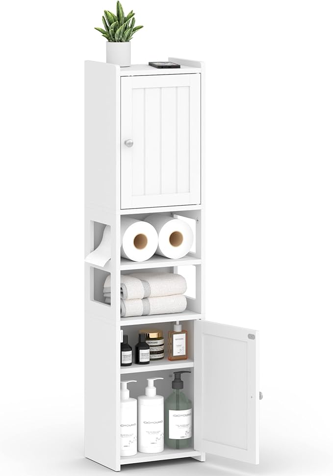 TidyHaven 39" H Small Bathroom Storage Cabinet, Narrow Bathroom Corner Floor Cabinet with Doors, Adjustable Shelf, Open-Side, Slim Toilet Paper Storage Holder for Bathroom, Small Spaces, Living Room