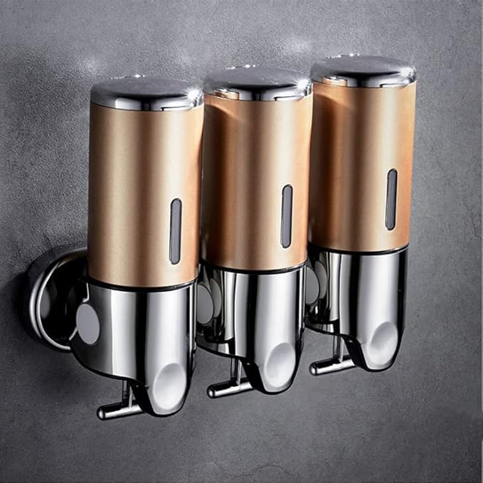 3 in 1 Wall Mounted Bathroom Shower Pump Dispenser and Organizer-Holds Shampoo, Soap, Conditioner, Shower Gel, for Bathroom Kitchen Hotel (Gold 3 Chamber)