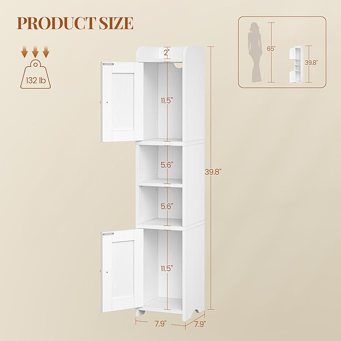 HEXCELEN Slim Bathroom Storage Cabinet, Narrow Cabinet with 2 Doors, Small Bathroom Organizers and Storage, Laundry Room Organization for Small Space, Kitchen, Living Room, White 022413X