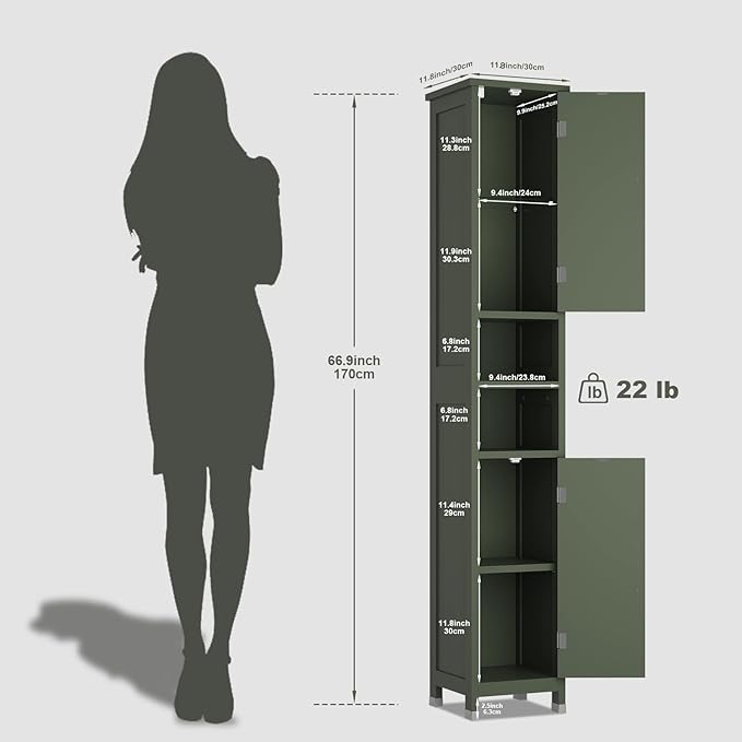 Hawkrown 67" Tall Bathroom Storage Cabinet with Lights, Slim Narrow Bathroom Cabinet Organizer with Doors and Adjustable Shelves, Tall Cabinet for Small Space (66.9" Tall-Green with Light)