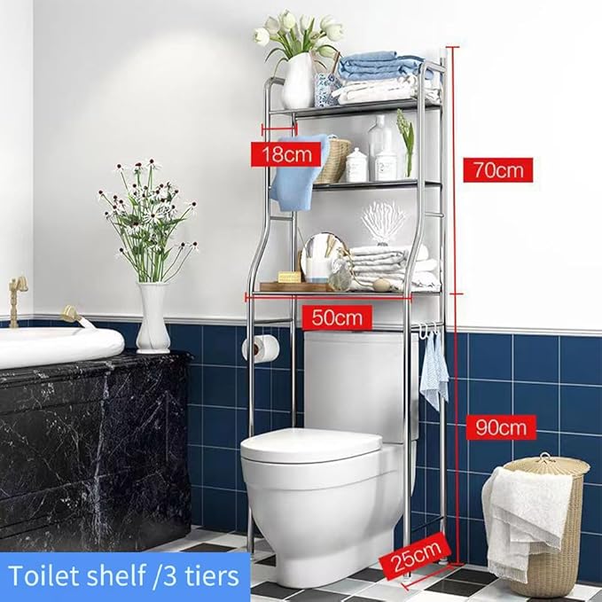 2-Tier Over The Toilet Storage, Freestanding Metal Bathroom Shelves, Above Toilet Storage Rack with Hooks and Paper Holder, Space-Saving, for Bathroom Restroom Laundry, Stainless Steel