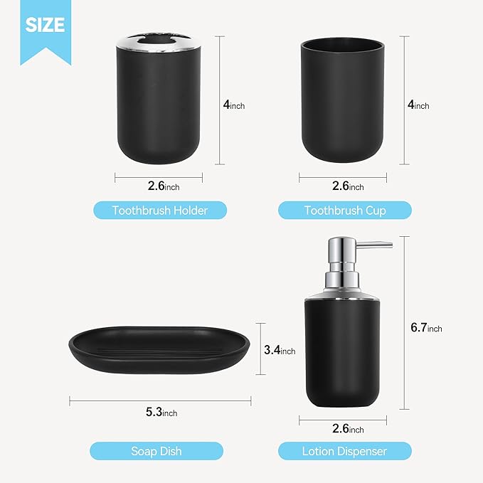 Black Bathroom Accessories Set 4 PCS, Black Bathroom Accessories, Plastic Soap Dispenser and Toothbrush Holder Set, Soap Dish and Mouthwash Cup, Boho Bathroom Decor, Bathroom Set