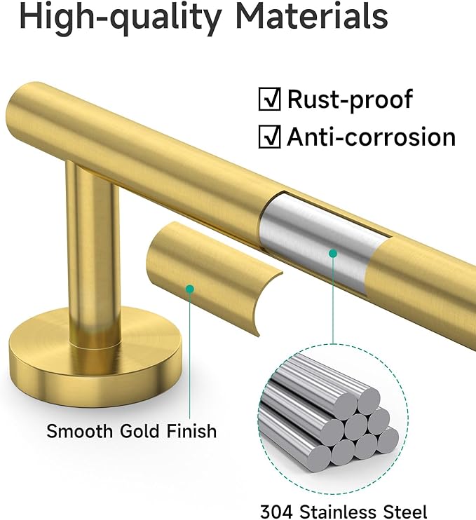 USHOWER Brushed Gold Towel Bar, 18-Inch Towel Racks for Bathroom Wall-Mounted, Thicken SUS304 Stainless Steel Towel Rod (Total Length 20-Inch)