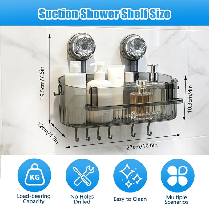 Abnaok 2026 Upgraded Bathroom Suction Storage Box, No Drill Bathroom Shelves with Drain Holes, Towel Rack, and Hooks, Load-Bearing, Removable Suction Cup Shower Caddy for Bathroom, Kitchen